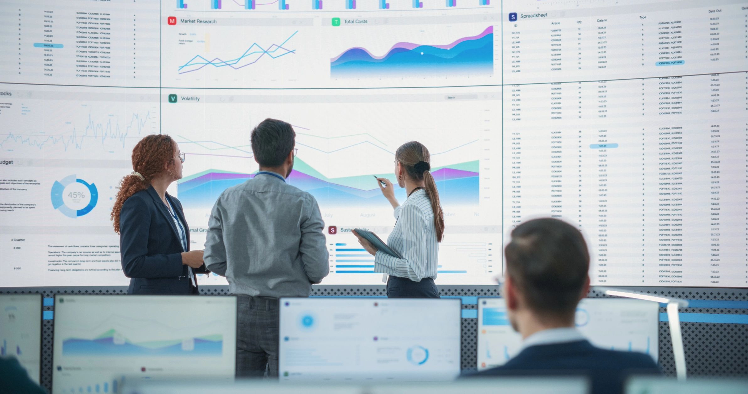 Team reviewing analytics dashboards on a large screen